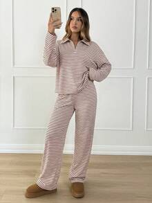 unto de 2 piezas para mujer con camiseta de manga larga de hombros caídos y cuello en V a rayas holgada y pantalones a rayas con cintura elástica, traje de suéter de invierno, otoño/invierno - Rosa Pálido - Ver 5