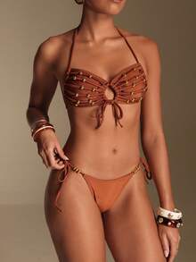 SHEIN Swim Chicsea Bộ đồ bơi đính hạt dành cho nữ, thích hợp cho kỳ nghỉ và đi biển. - Màu nâu  Mocha - Xem 6