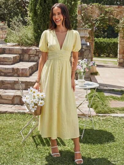 KARISMINA Women's Elegant Casual V-Neck Petal Sleeve Yellow Dress, Suitable For Spring And Summer Daily Wear Dresses Yellow Dresses For Ladies Yellow Cotton Dress Yellow Dress For Wedding Guest,Summer Dresses For Women