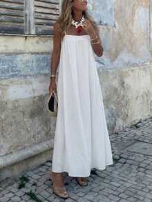 Brillora 女士休闲优雅浪漫度假棉质宽松吊带白色连衣裙，春夏款 - 白色 - 查看 1
