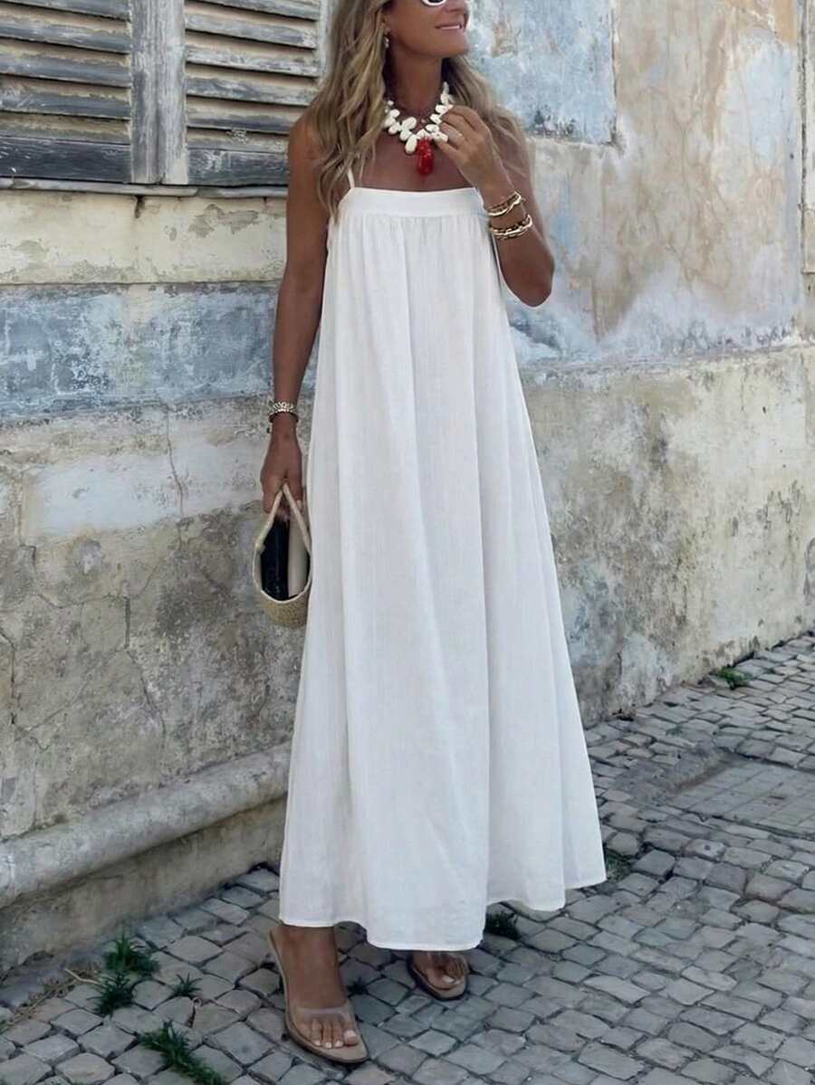 Brillora 女士休闲优雅浪漫度假棉质宽松吊带白色连衣裙，春夏款 - 白色 - 查看 1