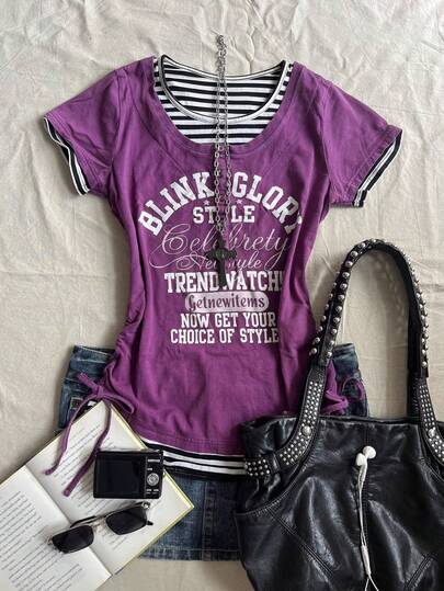 Glimmora 2-In-1 Cinched Waist Women Slogan Striped Short Sleeve T-Shirt