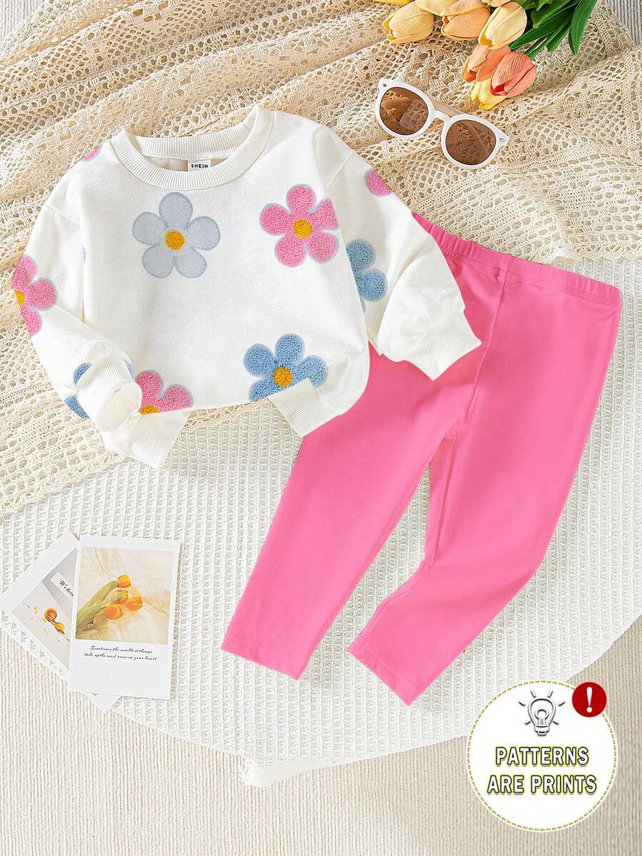 SHEIN Playful Pals 两件套女婴休闲可爱印花圆领卫衣和粉色打底裤套装,甜美可爱,适合日常和户外穿着,秋冬季女婴春秋季两件套服装 - 彩色 - 查看 1