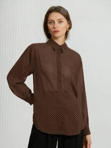 Aveloria Modichic Minimalist French Elegant All-Match Brown And White Polka Dot Chiffon Sheer Collar Long Sleeve Blouse, Suitable For Teachers' Day, Autumn Office - Coffee Brown - View 4