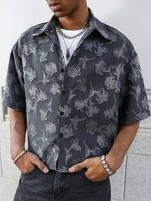Manfinity EMRG Men's Summer Beach Vacation Loose Fit Plant Print Oversized Shirt - Grey - View 6