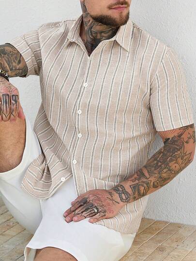 Manfinity CasualCool Men's Casual Striped Short Sleeve Single-Breasted Commuter Shirt