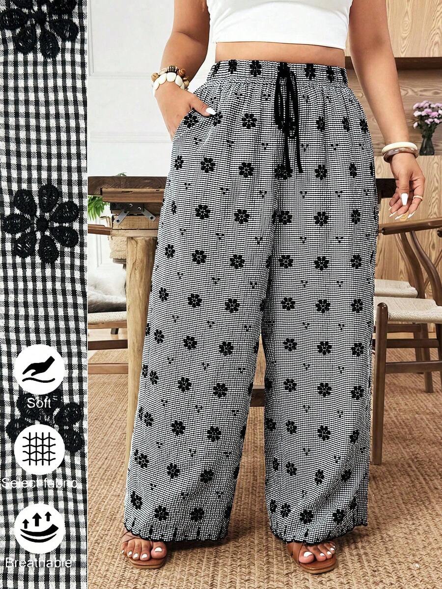 SHEIN LUNE Plus Size Women's New Elegant Black And White Embroidered Drawstring Waist Wide Leg Pants,High Waist Casual Boho Vacation Holiday Autumn - Multicolor - View 1