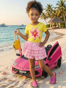 SHEIN 2pcs/Set Young Girl Floral Print T-Shirt And Plaid Ruffle Hem Shorts,Kids Holiday Light Pink Summer Holiday Vacation - Multicolor - View 2
