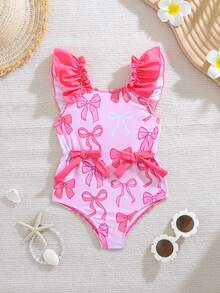 Cozy Pixies Baby Girl Butterfly Pattern Round Neck Ruffle Trim Sleeveless Swimsuit - Pink - View 8