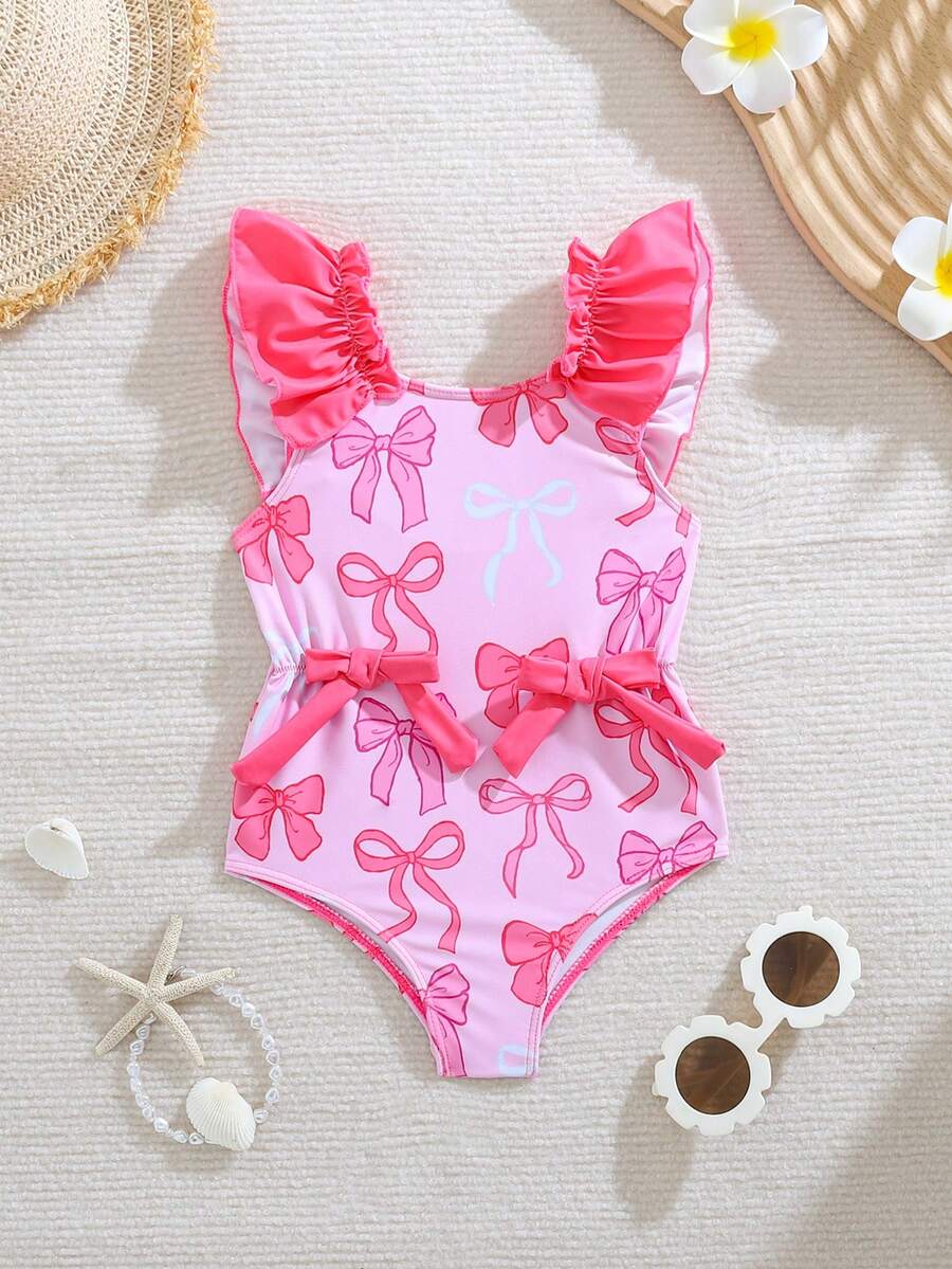 Cozy Pixies Baby Girl Bow Pattern Round Neck Ruffle Trim Sleeveless Swimsuit - Pink - View 1