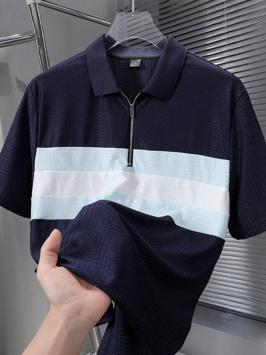 Manfinity Homme 男士休闲撞色条纹半拉链短袖Polo衫,适合夏季度假和日常通勤 - 藏蓝色 - 查看 1