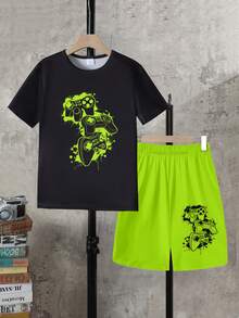 2pcs/Set Kaos Lengan Pendek Kerah Bulat untuk Remaja Laki-laki + Celana Pendek dengan Saku - MultiWarna - View 4