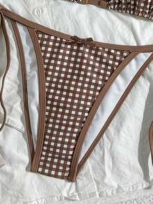 Swim Mod Women's 2pcs Gingham Print Halter Top And Tie Side Bikini Swimsuit Set, Summer Beach - Brown - View 4