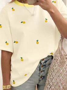 EMERY ROSE 女士休闲短袖T恤，水果印花，宽松圆领设计，可机洗，适合所有季节，舒适可爱，复古风格。 - 黃色 - 查看 3
