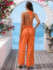Vivid Eden Bộ jumpsuit nữ in họa tiết toàn thân, buộc dây cổ, hở lưng, kiểu dáng thường ngày. - trái cam - Xem 2