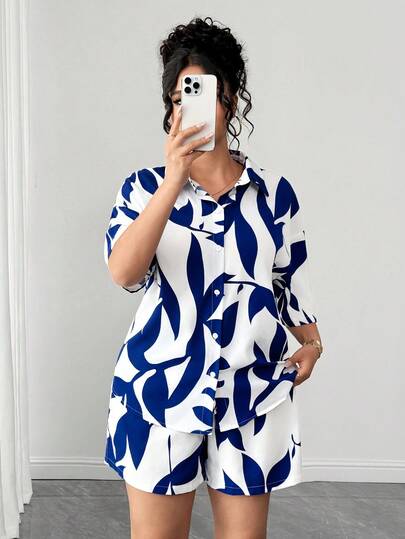 Elenzga Bộ đồ 2 món mùa hè cỡ lớn, họa tiết hoa, gồm áo và quần short.