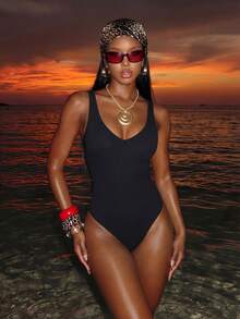 Swim Basics Summer Beach Ladies' Solid Vacation Ruched Crossed Back Casual One-Piece Swimsuit - Black - View 1