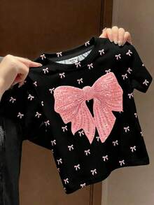 Maglietta a maniche corte con stampa a fiocco elegante e chic, adatta per ragazze, stile coreano, per uscite, comoda e di stile, per primavera ed estate, casual, con grafica, nuovo stile estivo, moda primavera/estate - Multicolore - Visualizzare 3