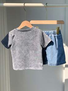 SHEIN 男婴夏季休闲雪花牛仔上衣和蓝色牛仔短裤两件套，夏季服装 - 彩色 - 查看 2