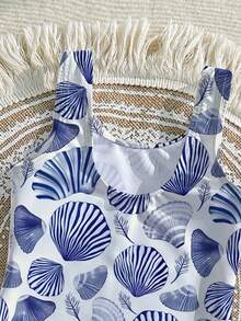 女婴连体泳衣，蓝色贝壳印花，修身款，适合海滩、度假、夏季穿着 - 彩色 - 查看 4