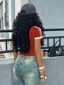 Rovax Áo thun crop top ôm sát thời trang nữ, họa tiết chữ in nổi bật, viền tương phản, thích hợp cho mùa hè. - Đỏ - Xem 2