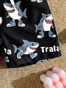 1件装幼儿男童鲨鱼字母印花抽绳腰泳裤，休闲沙滩短裤 - 彩色 - 查看 5