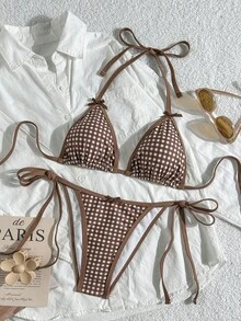 Swim Mod Women's 2pcs Gingham Print Halter Top And Tie Side Bikini Swimsuit Set, Summer Beach - Brown - View 1