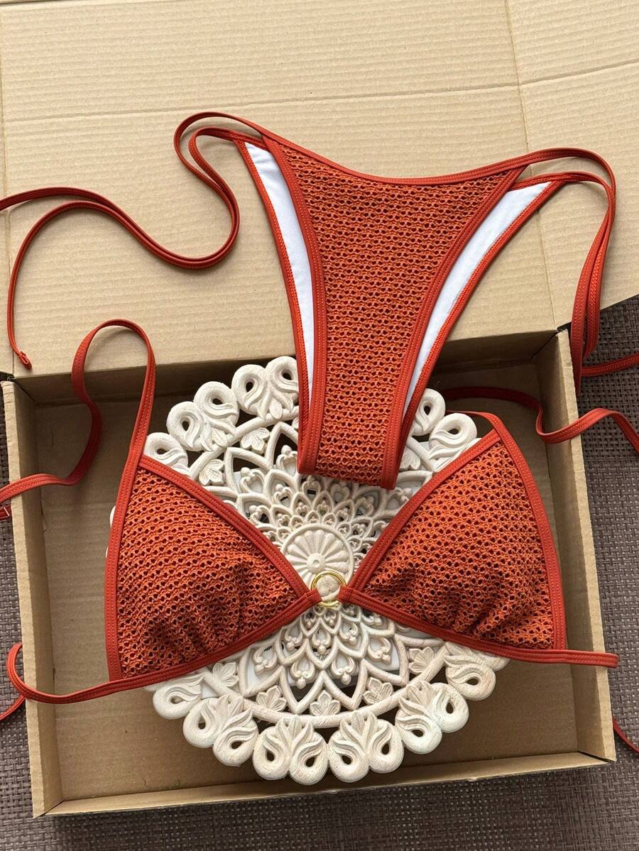 Swim Mod 2026新款春夏女士两件式泳衣，特殊面料沙滩度假优雅休闲泳装套装 - 鏽棕色 - 查看 1