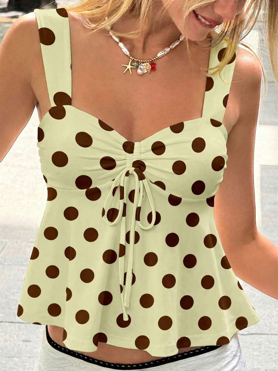 MainGRL 女士夏季抽绳吊带背心 - 黄色波点或粉白条纹，优雅经典的下午茶休闲风，简约百搭，适合户外或居家穿着，可爱柔美少女风和清纯少女风，Y2K复古风 - 彩色 - 查看 1
