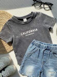 SHEIN 男婴夏季休闲雪花牛仔上衣和蓝色牛仔短裤两件套，夏季服装 - 彩色 - 查看 4