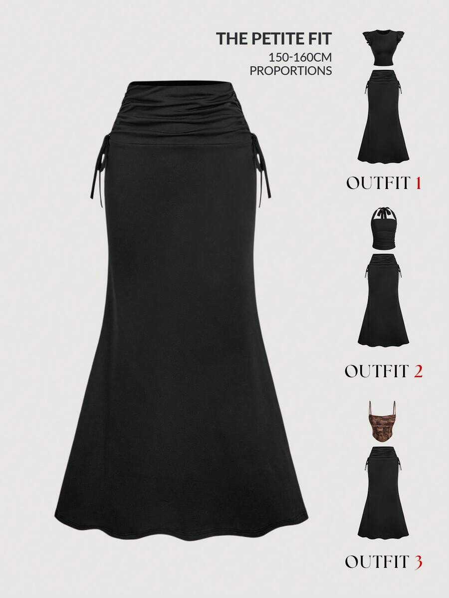 SHEIN MOD Petite Fit For The 150-160cm, Petite Perfect,  Women's High Waisted Side Drawstring Waist With Pleated Hem And Mermaid Hemline Long Black Skirt Drawstring Skirt Black Long Skirt Gothic Skirt Slit Skirt Ruched Skirt,Summer,Festival ,Beach, Wedding ,Vacation,Vintage,Romper,Black High Waist Maxi Skirt For Women, Ruched Drawstring Bodycon Mermaid Skirt, Petite Fit Elegant Slim Fishtail Long Skirt, Minimalist Y2K Chic Going Out Bottom For Party, Date Night, Cocktail, Dinner, Holiday, Club, Streetwear,Summer,Festival,Beach,Tea Party,Outfit,Vacation,Print,Going Out,Cute,Garden Party,Romantic,Country Concert,Music Festival,Boho,Y2K,Vintage,Cottagecore,Floral,Ruffle - Black - View 1