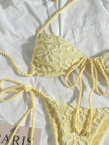 Swim Mod Bộ đồ đi biển mùa hè 2 mảnh dành cho nữ, áo croptop buộc dây thừng bằng vải dệt và quần dài có dây rút bên hông, bộ bikini. - Màu vàng - Xem 3