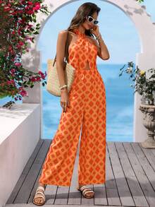 Vivid Eden Bộ jumpsuit nữ in họa tiết toàn thân, buộc dây cổ, hở lưng, kiểu dáng thường ngày. - trái cam - Xem 5