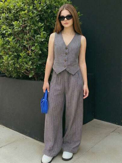 SHEIN Teen Girl Gray Striped Casual Everyday Loose Fit Pants