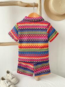 SHEIN Vintaside Kids 2件套春夏新款休闲纯色提花衬衫，纽扣口袋领，搭配松紧腰褶皱短裤，舒适百搭，适合男婴、儿童、幼儿穿着，尺码6个月至3岁。 - 紫色 - 查看 2