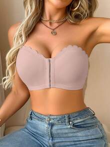 SHEIN Women's Front Closure Bra With Ruffled Edge, Lift & Separate, Removable Padding - Dusty Pink - View 4