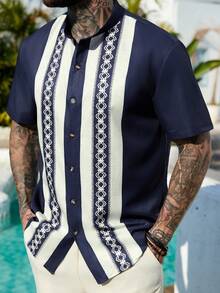 VENTUSAIL Men's Stand Collar Contrast Stripe Print Button Front Casual Short Sleeve Shirt, Summer - Multicolor - View 3