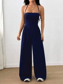 SHEIN Unity Women's Casual Pleated Loose Straight Leg Jumpsuit, Suitable For Spring, Summer, Autumn And Winter - Navy Blue - View 4