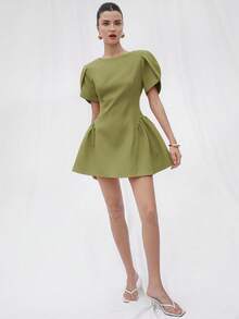 BELROSIE Gaun Pendek Putri Wanita Model Tulip 3D Lengan Pendek Leher Bulat Hem Peplum Belahan Gaya Italia - Mustard Yellow - View 6
