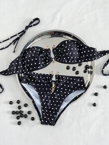 Swim SXY 夏季度假性感黑白波点金色点缀露背系带比基尼套装 - 黑與白 - 查看 2