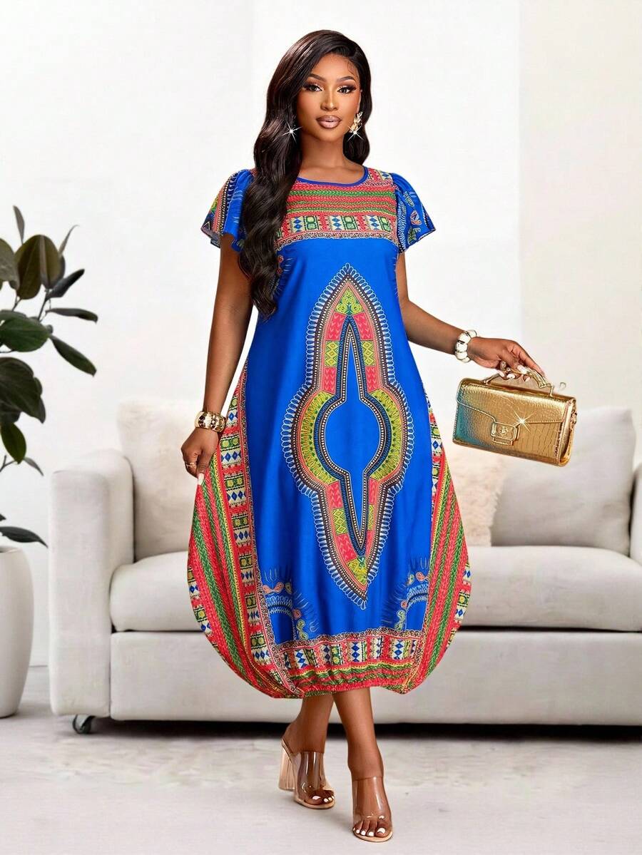 Brilight 女士休闲日常裹身短袖连衣裙。南非传统服饰，适合派对和聚会，饰有艺术印花。彩色长裙，适合艺术摄影。春夏女装。 - 藍色 - 查看 1