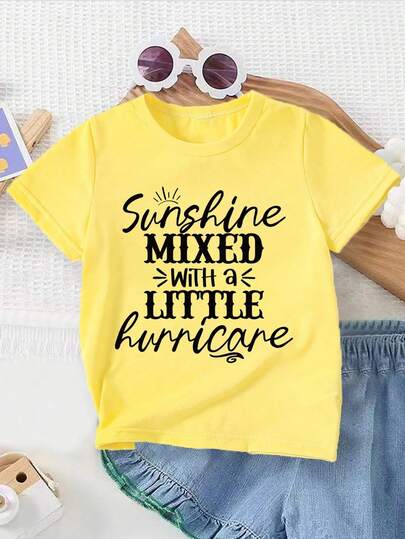 Baby Girls' Casual Comfortable Fashion Minimalist Creative Cute Sweet Letter Graphic Tee, Bright Yellow Short Sleeve T-Shirt, Everyday & Tops, Spring/Summer