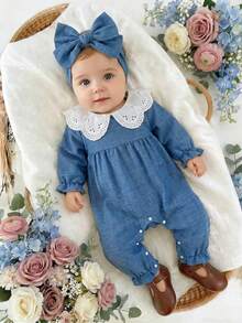Souflis Souflis Newborn Baby Girls' Embroidered Collar Long Sleeve Romper Blue And White Striped Autumn Cute Family Matching Holiday Jumpsuit Outfits Clothes - Multicolor - View 11