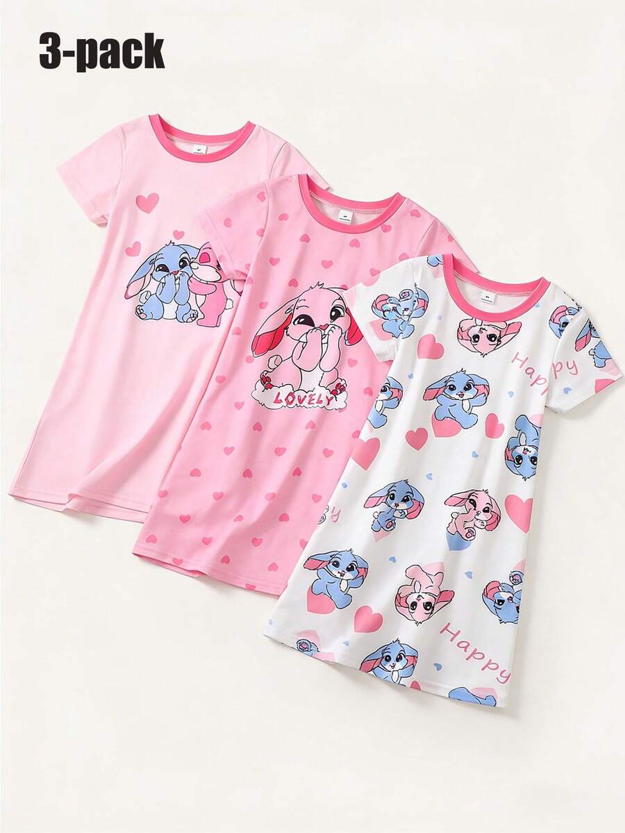 Conjunto de 3 piezas de camisones de manga corta hasta la rodilla para niñas pequeñas, con estampado de conejitos y corazones por todo el diseño, en combinación de color rosa, cuello redondo de punto, suelto y suave, ropa de dormir casual de verano - Rosa - Ver 1