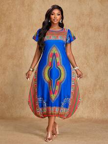 Brilight 女士休闲日常裹身短袖连衣裙。南非传统服饰，适合派对和聚会，饰有艺术印花。彩色长裙，适合艺术摄影。春夏女装。 - 藍色 - 查看 4