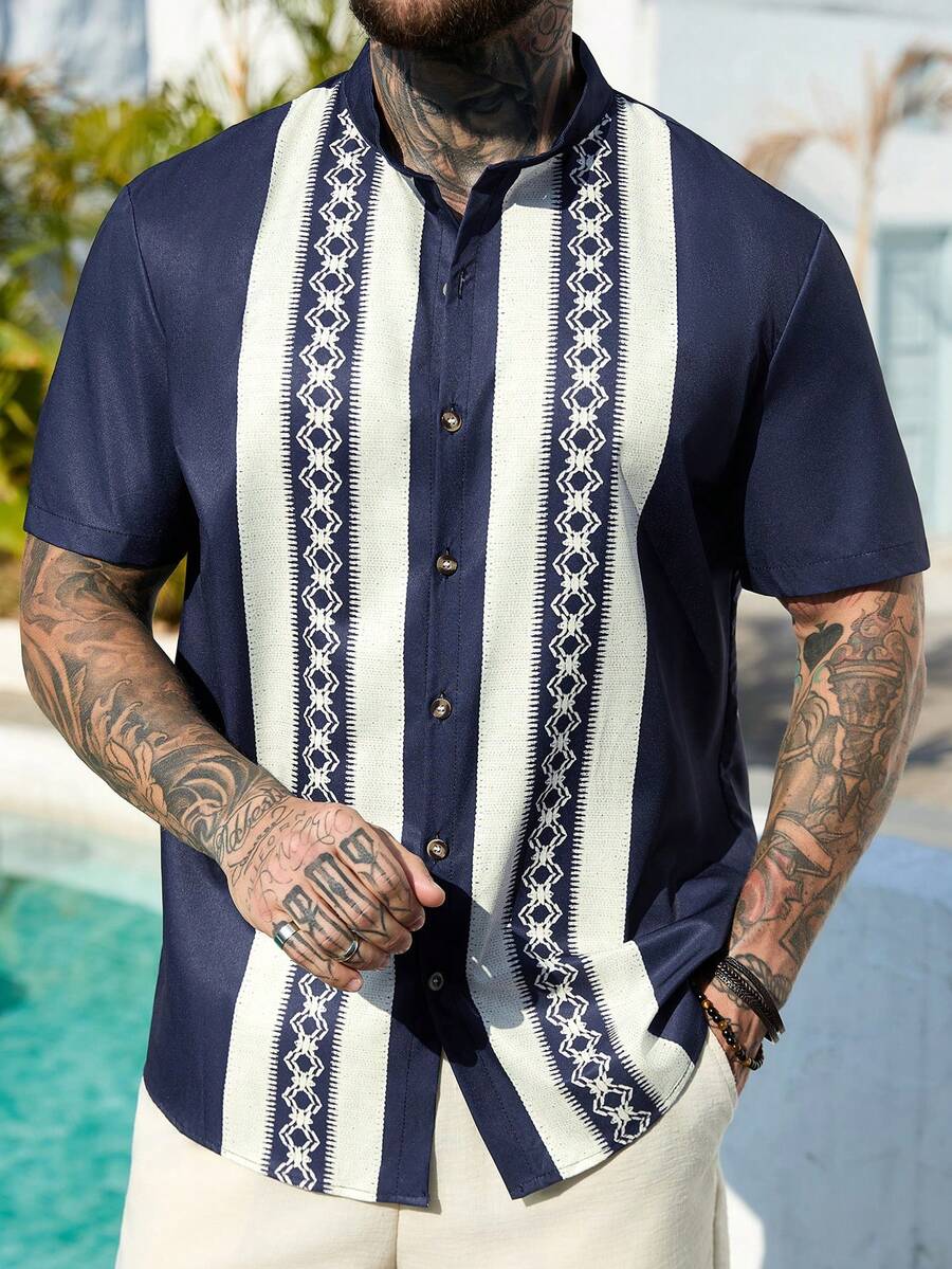 VENTUSAIL Men's Stand Collar Contrast Stripe Print Button Front Casual Short Sleeve Shirt, Summer - Multicolor - View 1
