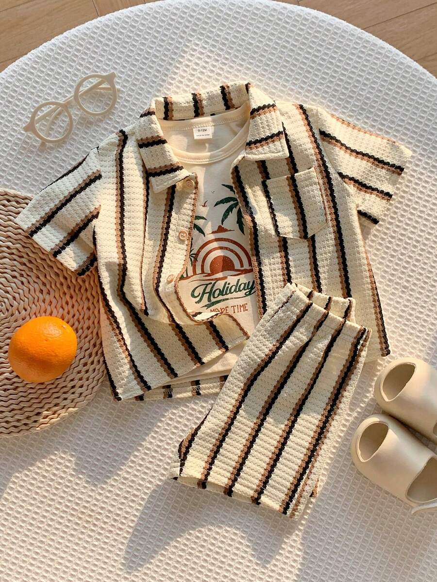 SHEIN 男婴夏季休闲度假三件套，包括条纹衬衫、条纹短裤和棕榈树印花T恤 - 彩色 - 查看 1