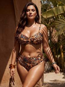 Swim Vcay Conjunto de bikini de talla grande con estampado de leopardo, primavera 2026. Diseño de cuello de halter, tirantes ajustables, Bottom de triángulo con cordón de cintura alta, dos piezas - Multicolor - Ver 3