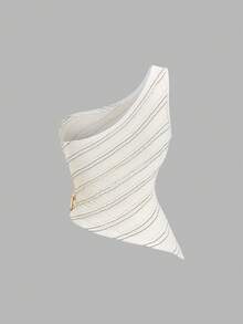 Olithes Women's New Asymmetric One Shoulder Top, Textured Fabric With Metal Button Decor, Suitable For Beach Vacation, Spring/Summer - Beige - View 2