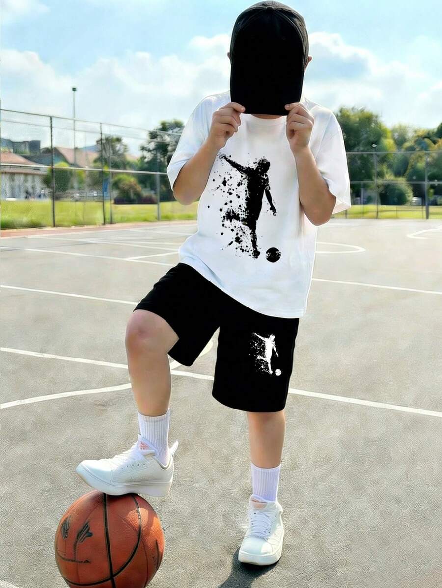 2件套男童足球印花休闲时尚运动服套装 - 彩色 - 查看 1